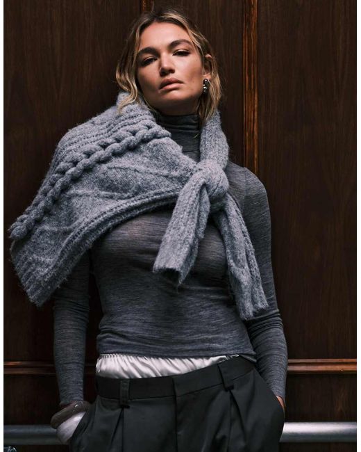 4th & Reckless Gray Wool Feel Fluffy Knit Dropped Shoulder Cable Detail Slouchy Oversized Jumper