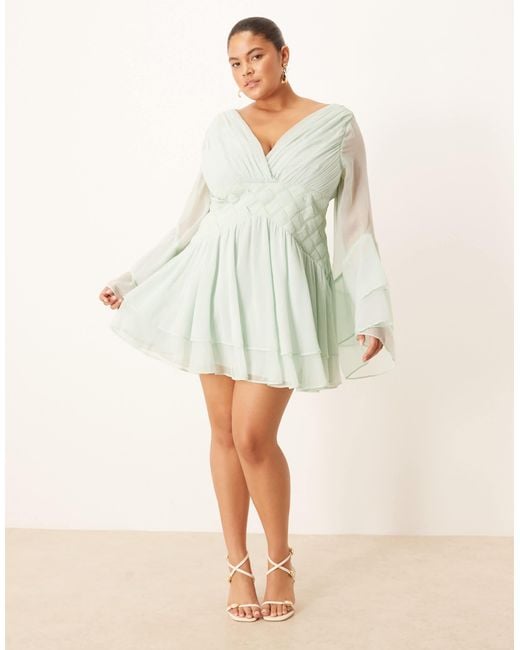 ASOS Natural Asos Design Curve Long Sleeve Volume Mini Dress With Lattice Waist Detail