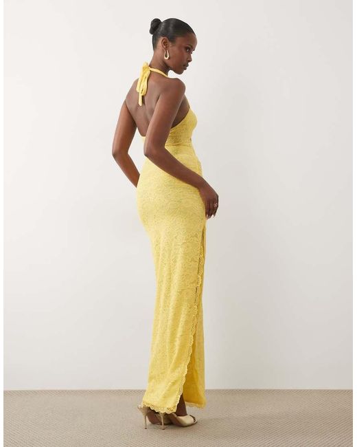 Murci Yellow Lace Halterneck Metal Hardware Cutout Detail Maxi Dress