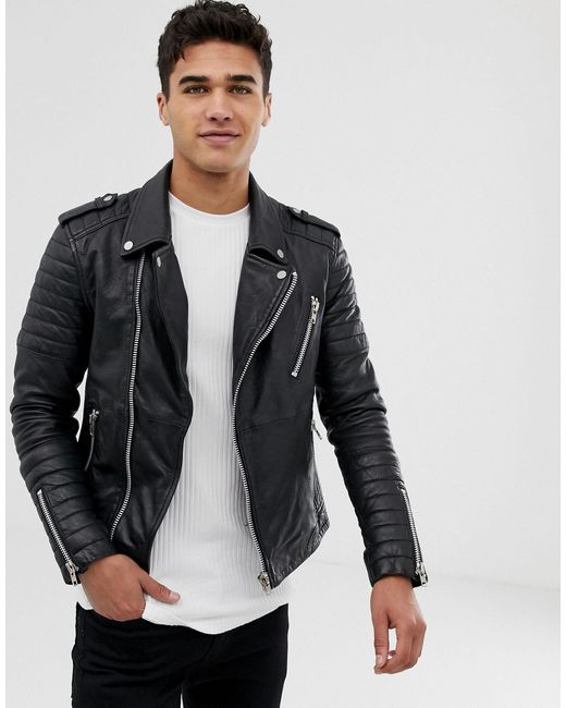 Barney's Originals Black Barney's Original Quilted Real Leather Biker Jacket for men