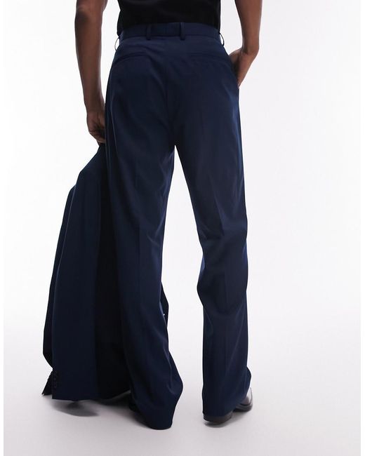 Topman Blue Straight Highwaist Relaxed Trousers for men