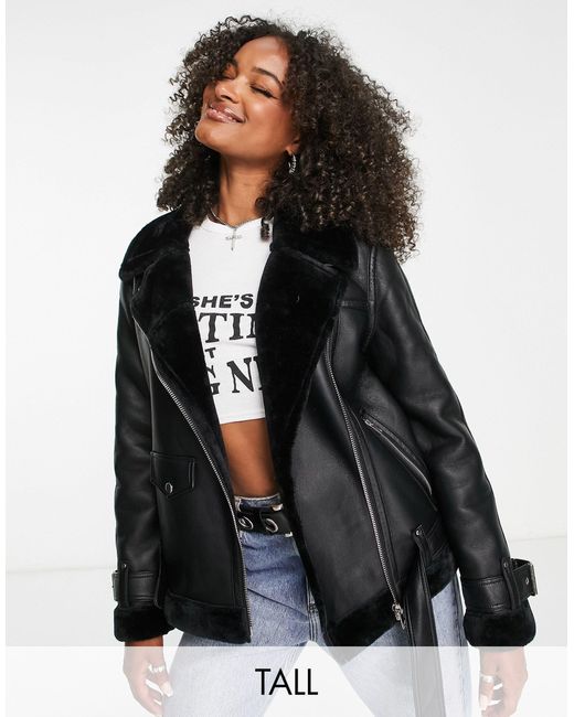 Synthetic Faux Leather Shearling Aviator Biker Jacket in Black