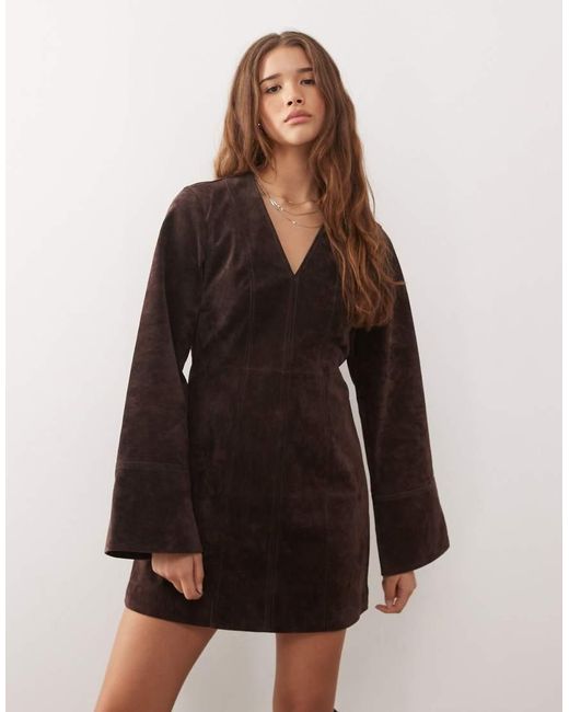 Reclaimed Vintage Brown Real Suede Mini Tailored Dress With Cinched Waist