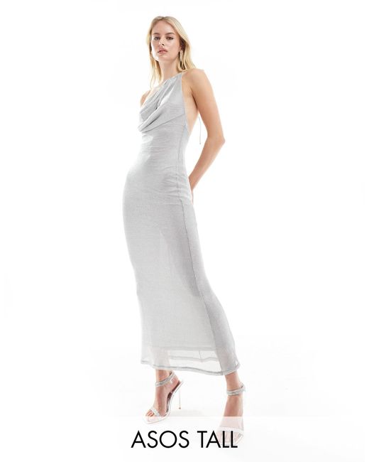 ASOS White Asos Design Tall Chainmail Sheer Asymmetric Shoulder Cowl Midi Dress