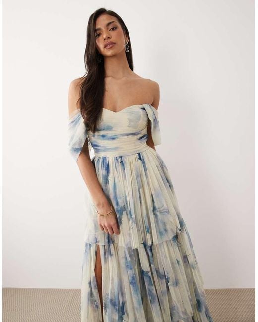 LACE & BEADS Multicolor Off The Shoulder Tulle Maxi Dress