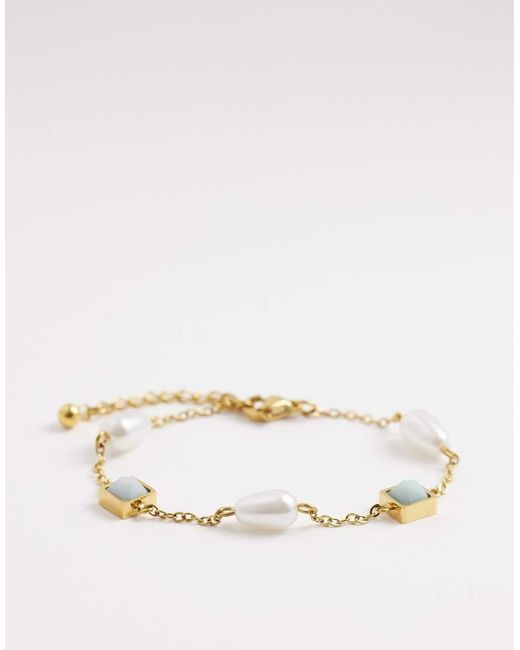 Reclaimed Vintage Natural Stainless Steel Drop Bracelet With Blue Stone With Pearl