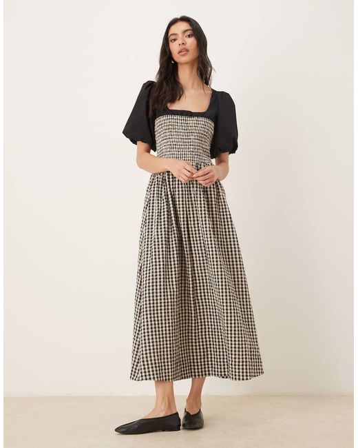 ASOS Natural Shirred Bodice Maxi Dress With Puff Sleeve