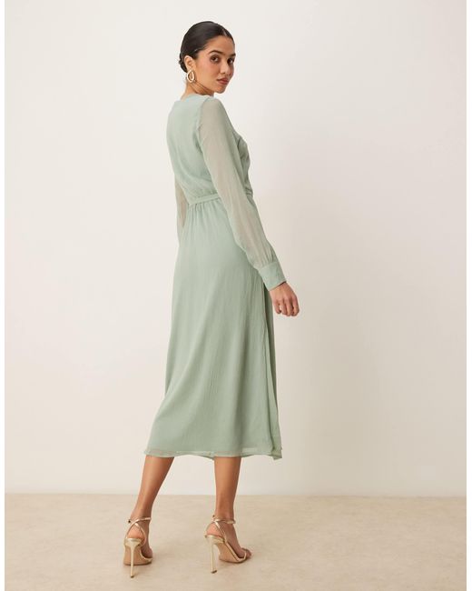 vila green dress Vila Long Sleeve V-Neck Midi Dress in dark Green