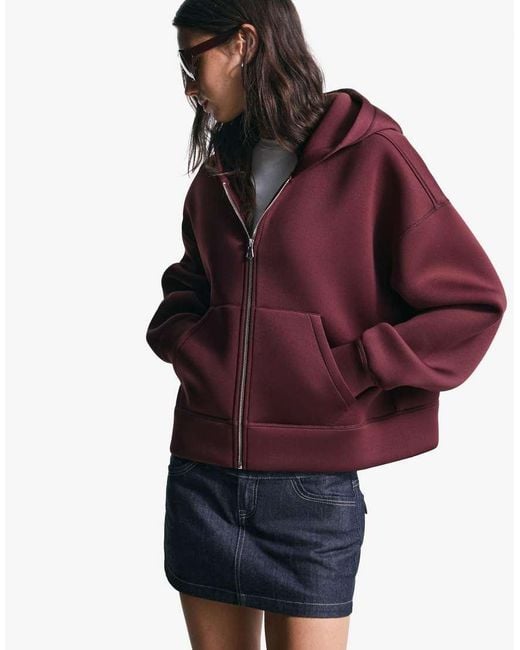 Bershka Red Neoprene-effect Oversize Zip-up Sweatshirt