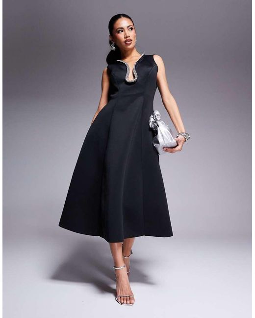 Goddiva Blue Diamante Embellished Neck A Line Midi Dress