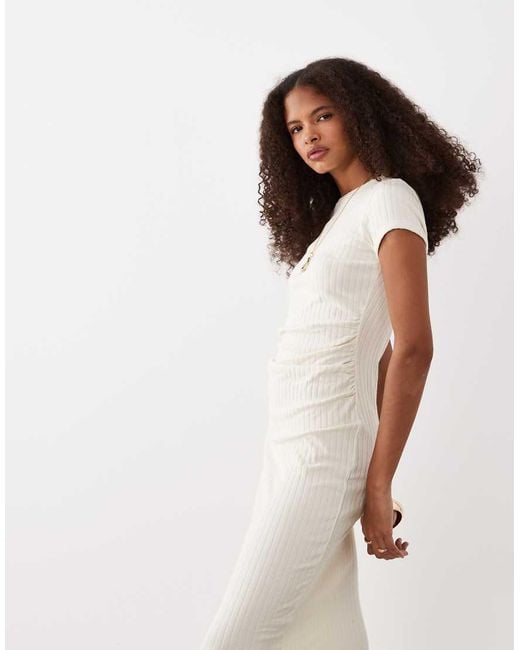 ASOS White Ribbed Cap Sleeve Ruched Midi Dress