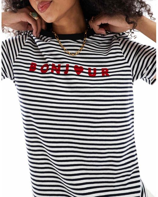 French Connection Gestreept T-Shirt Met Bonjour-Print in het Blue