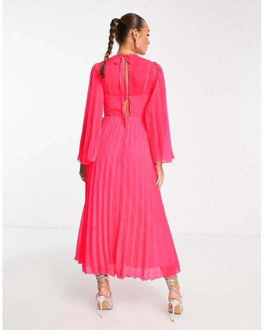 ASOS Pink Tie Back Fluted Sleeve Pleated Midi Dress