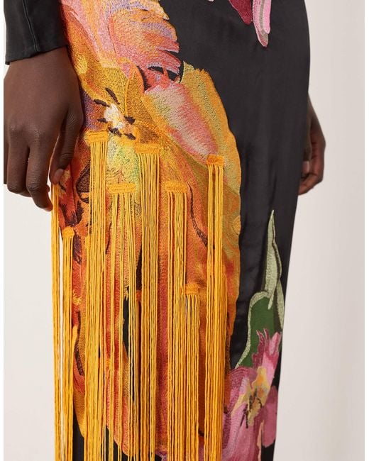 ARRANGE Natural Dripping Floral Embroidered Strong Shoulder Open Back Maxi Dress
