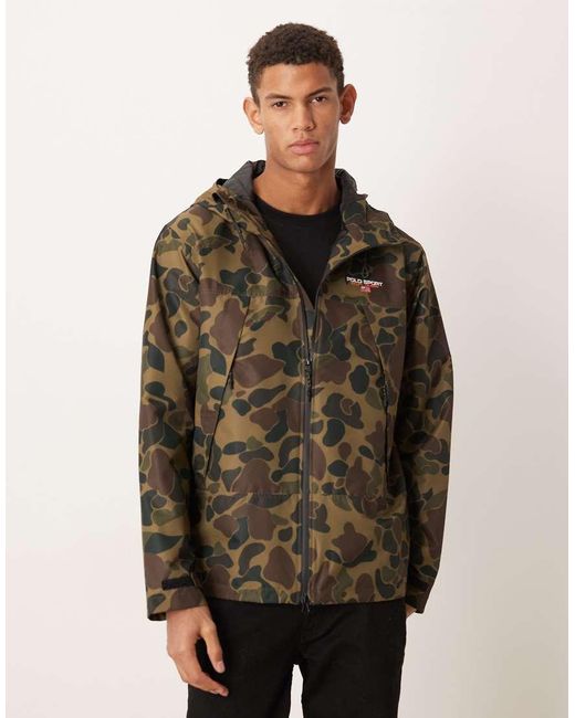 Polo Ralph Lauren Brown Sport Capsule Eastview Logo Camo Print Insulated Hooded Bomber Jacket for men