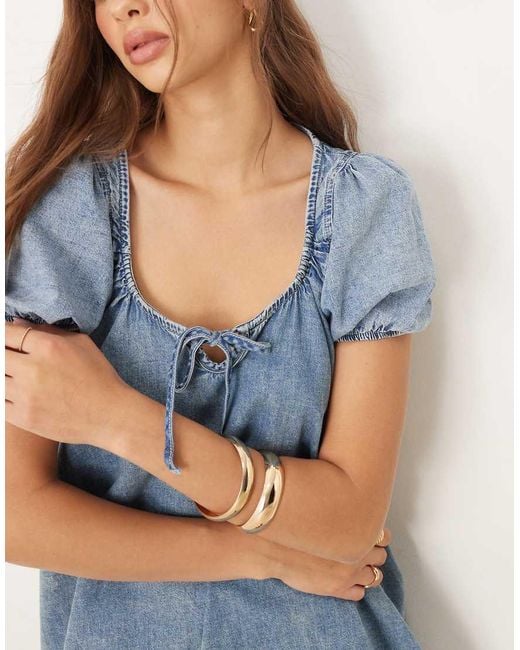 ASOS Blue Denim Mini Dress With Puff Sleeve And Tie Detail