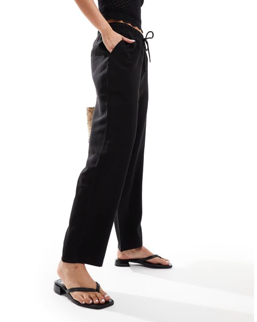 Mango Black Linen Look Cropped Relaxed Trousers