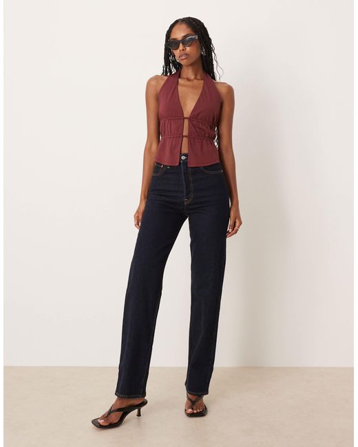 ASOS Red Polyamide Ruched Waist Detail Halter Top