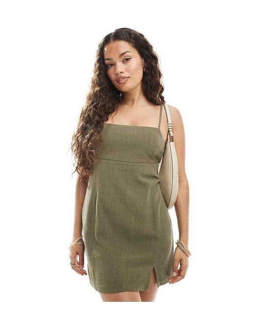 Miss Selfridge Green Linen Blend Slit Hem Cami Dress