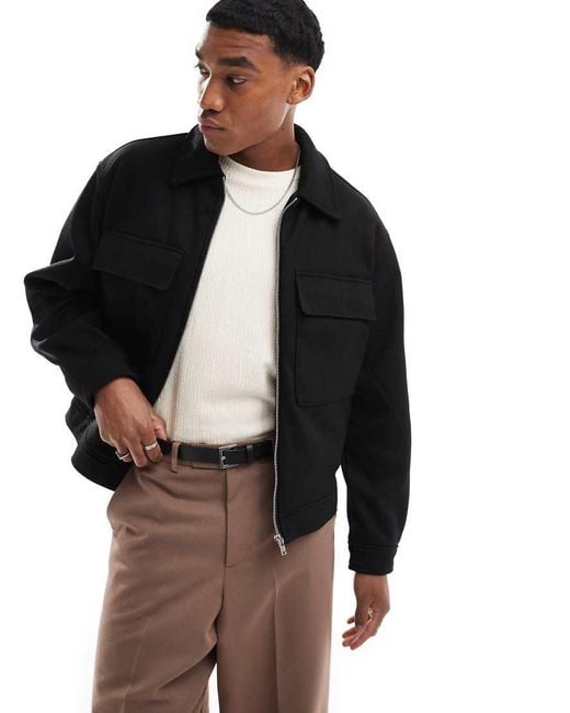 Bershka Black Boxy Zip Through Jacket for men