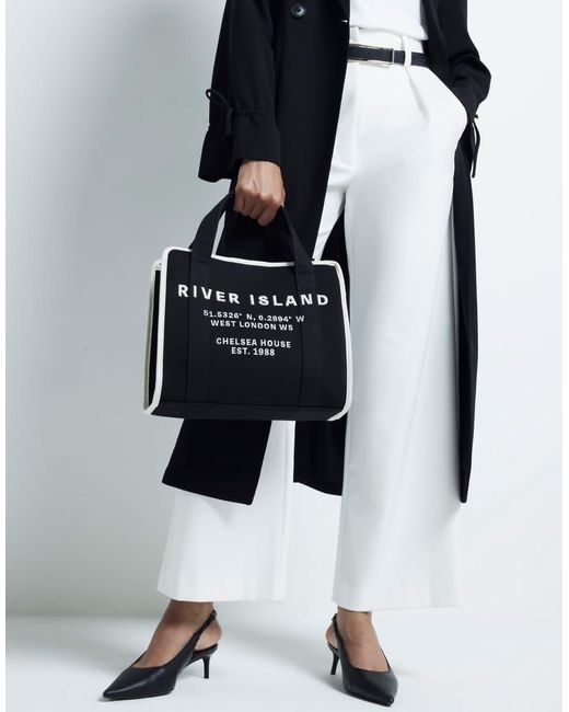 River Island Black Canvas Embroidered Tote Bag