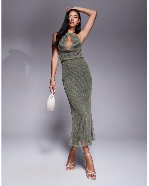ASOS Gray Crochet Sequin Halter Maxi Dress With Cut Out
