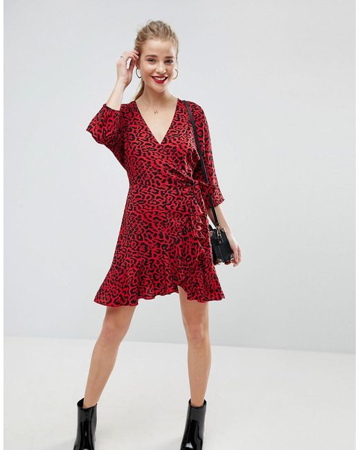 Lyst Asos Animal Print Mini Wrap Dress in Red