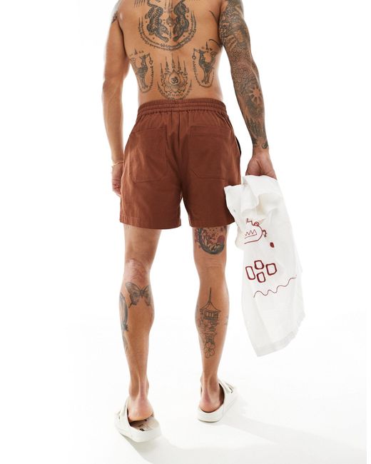 ASOS Brown Wide Short With Contrast Embroidery for men
