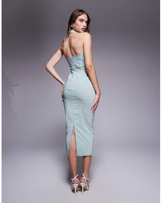 Vesper Blue Bengaline Scoop Neck Halterneck Bodycon Midaxi Dress