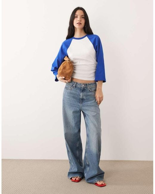 ASOS Blue 3/4 Contrast Sleeve Top With Cinched Waist