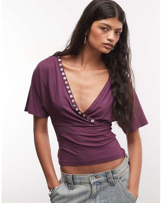 Reclaimed Vintage Red Wrap Top With Button Detail