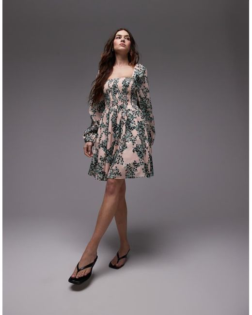 & Other Stories Gray Square Neck Mini Dress With Shirred Bodice And Peep Cut-out Back
