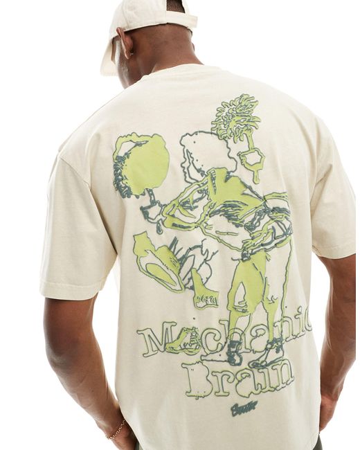 Pull&Bear Natural Mechanic Graphic Printed T-shirt for men