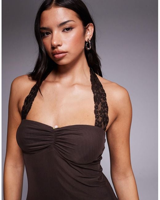 Tiger Mist Tawny Halterneck Lace Strap Detail Rose Trim Mini Dress in Brown  | Lyst