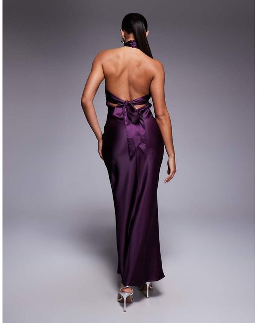 Princess Polly Purple Rosaminta High Shine Satin Cross Front Halterneck Tie Open Back Maxi Dress