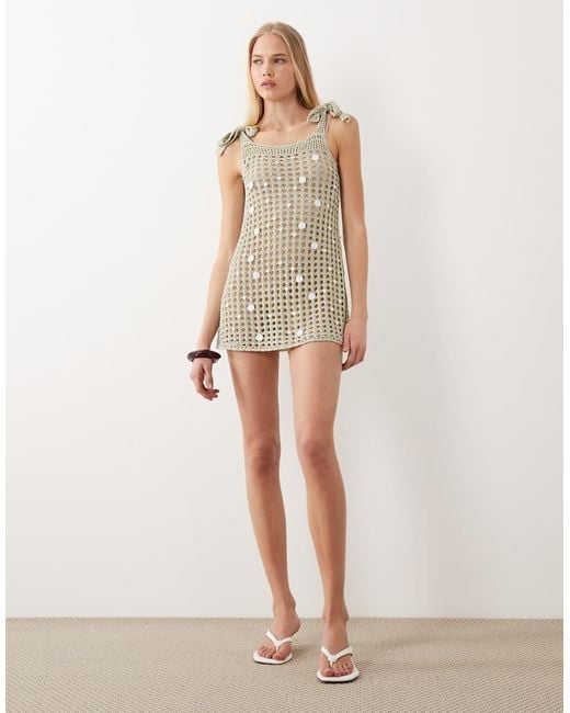 Miss Selfridge Natural Beach Metallic Crochet Faux Pearl Mini Dress