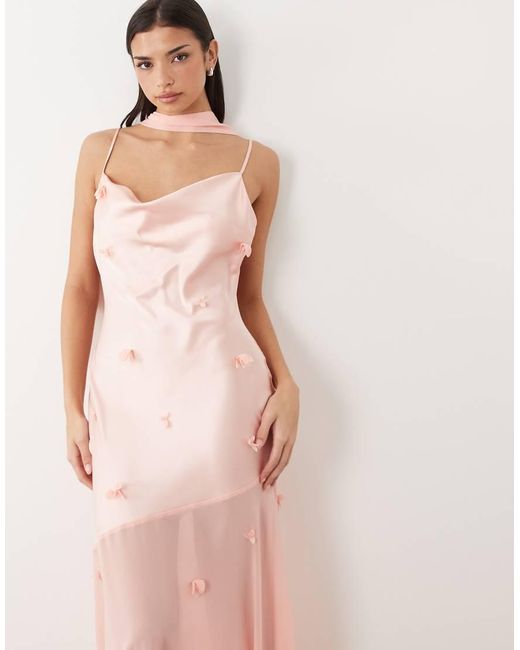 Gina Tricot Pink 3d Floral Cowl Neck Sheer Maxi Dress