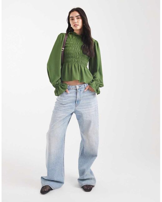 ASOS Green High Neck Long Sleeve Smocked Blouse