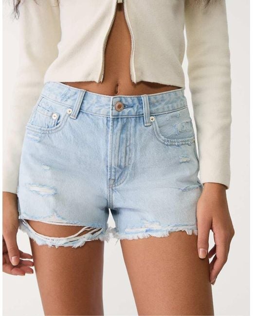 Stradivarius Blue D75 Ripped Denim Shorts