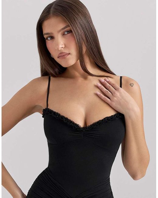 House Of Cb Black Gabbi Mesh Ruffled Front Gown