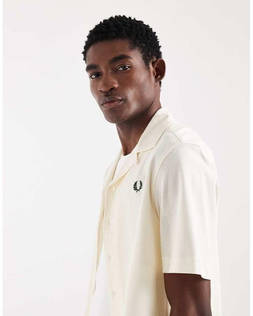 Fred Perry White Short Sleeve Revere Collar Logo Shirt for men