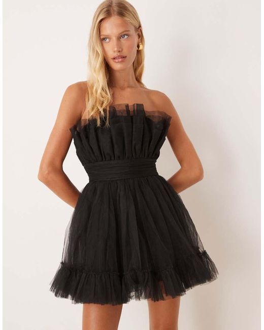 LACE & BEADS Black Tulle Bandeau Mini Dress