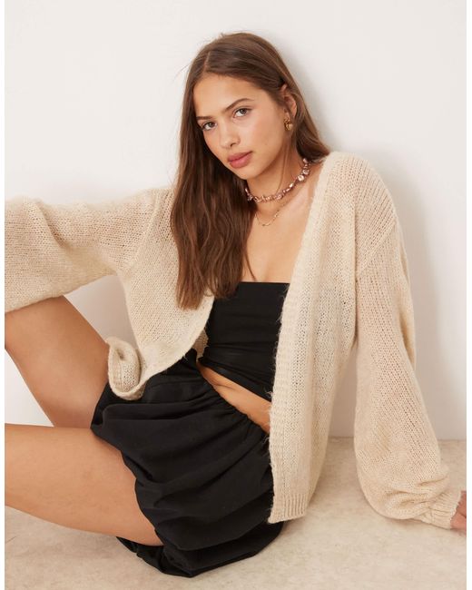 ASOS Natural Fluffy Knit Cardigan With Balloon Sleeve