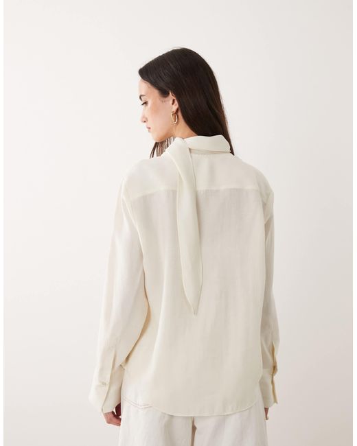 Mango Natural V Neck Blouse With Tie Neck