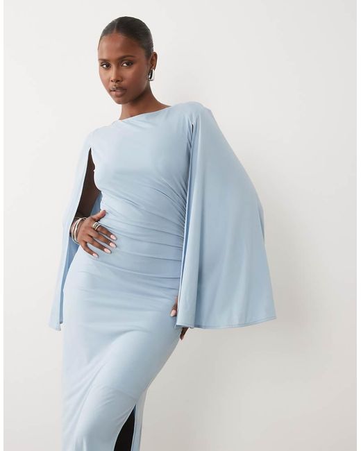 TFNC London Blue Slinky Cape Sleeve Ruched Side Maxi Dress