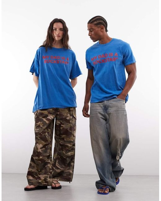 Reclaimed Vintage Blue Rockstar Slogan T-Shirt for men