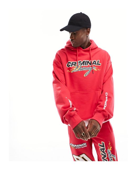 Criminal Damage Red Heavyweight Hoodie With Racing Graphics for men