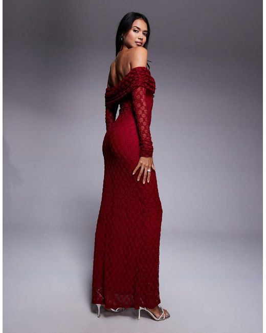 Bardot Red Adoni Flocked Off The Shoulder Long Sleeve Maxi Dress