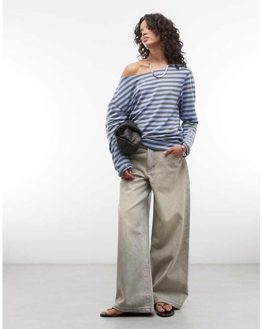 Collusion Blue Long Sleeve Off The Shoulder Stipe Top