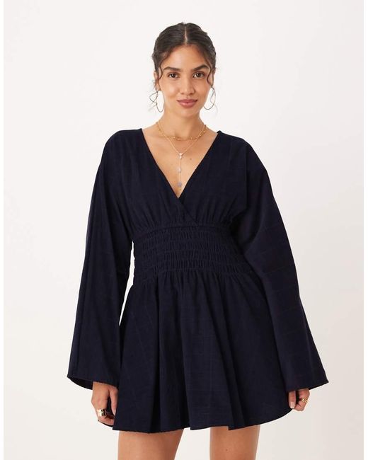 ASOS Blue Cord V Neck Mini Dress With Shirred Waist